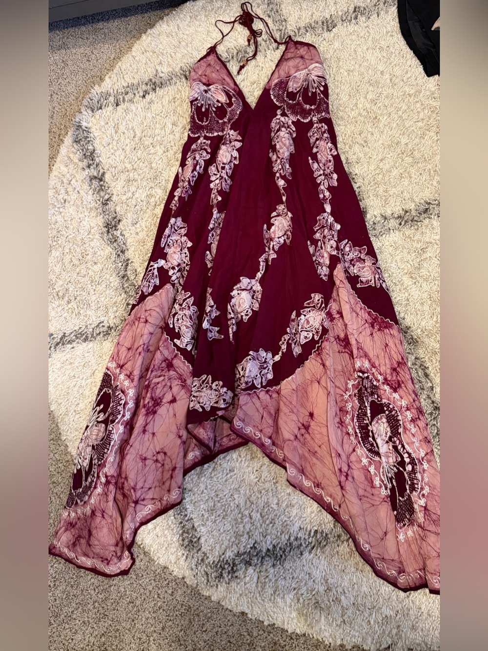 Boho V-Neck Floral Handkerchief Hem Dress in Burgundy - Picture 2 of 7